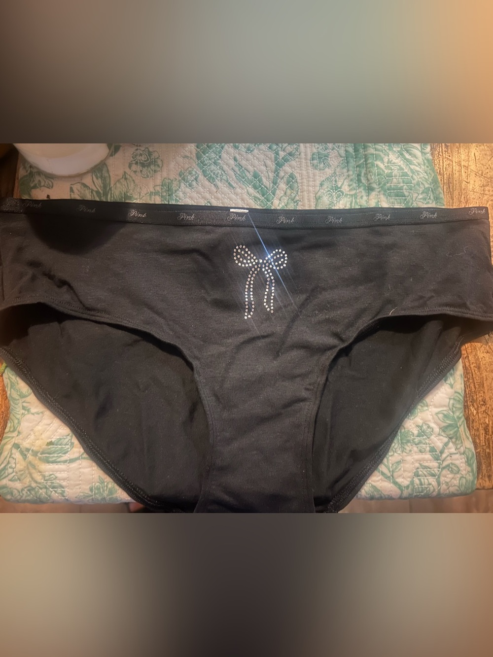 PINK Black Hipster Panties Size L Cotton Solid Logo Rhinestone Bow New with Tags